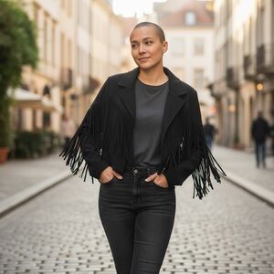 Saints & Hearts Faux Suede Festival Fringe Jacket – Black Cropped Western